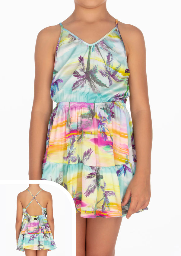 Vestito a balze con fantasia tropicale